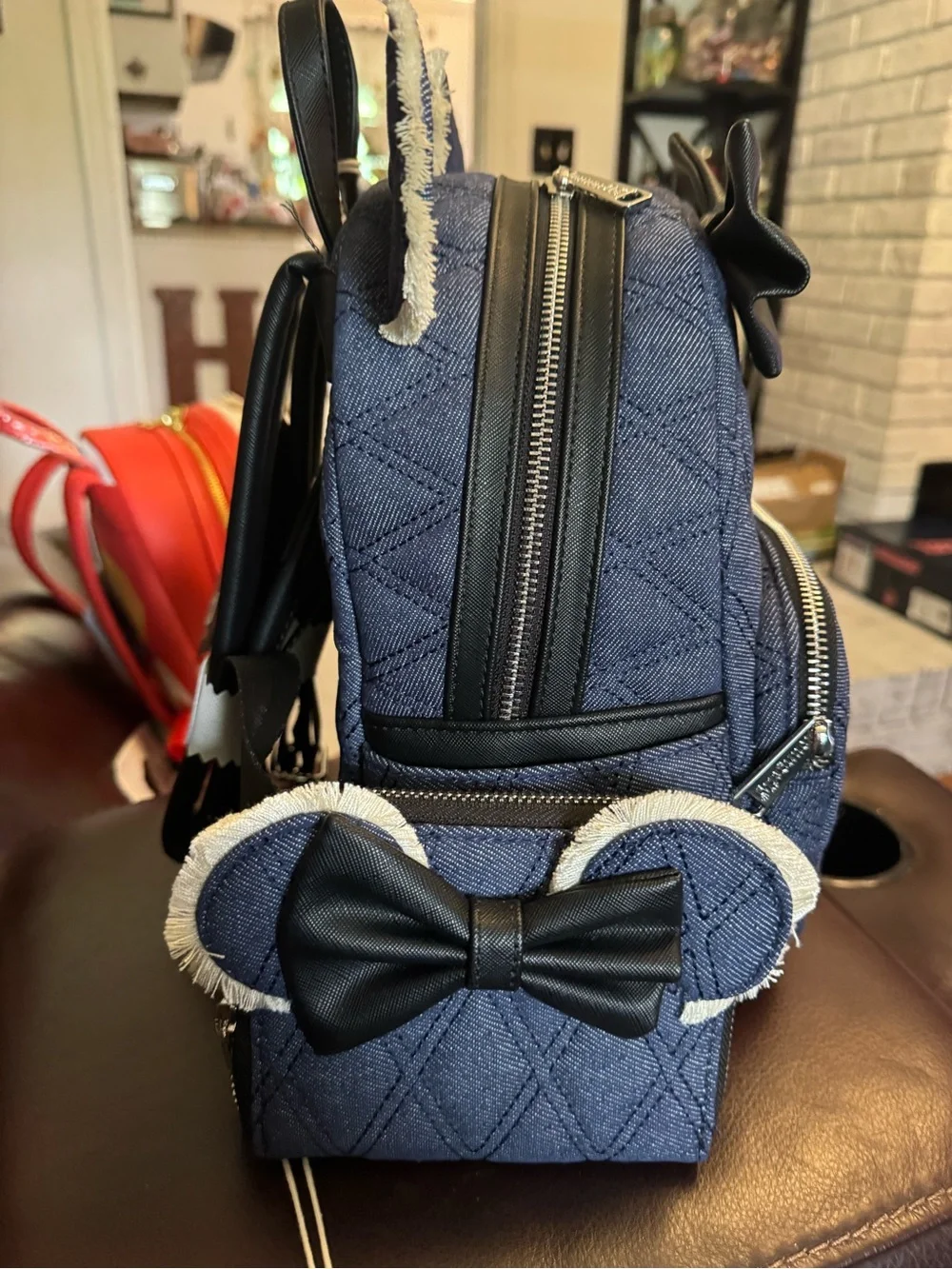 Loungefly Navy Quilted Denim Minnie Ear Mini Backpack with Black Bow w/ Wallet